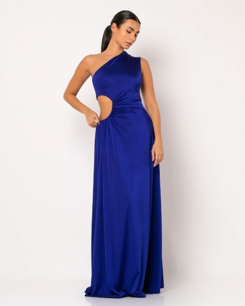 Φόρεμα με ένα ώμο άνοιγμα στη μέση και σούρα tampon-COBALT BLUE