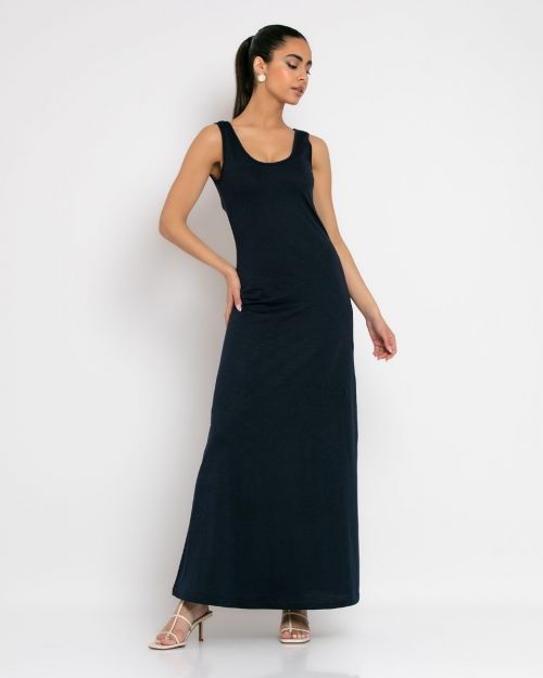 Μάξι αμάνικο βαμβακερό φόρεμα με ανοιχτή λαιμόκοψη villacoublay-ΜΠΛΕ NAVY